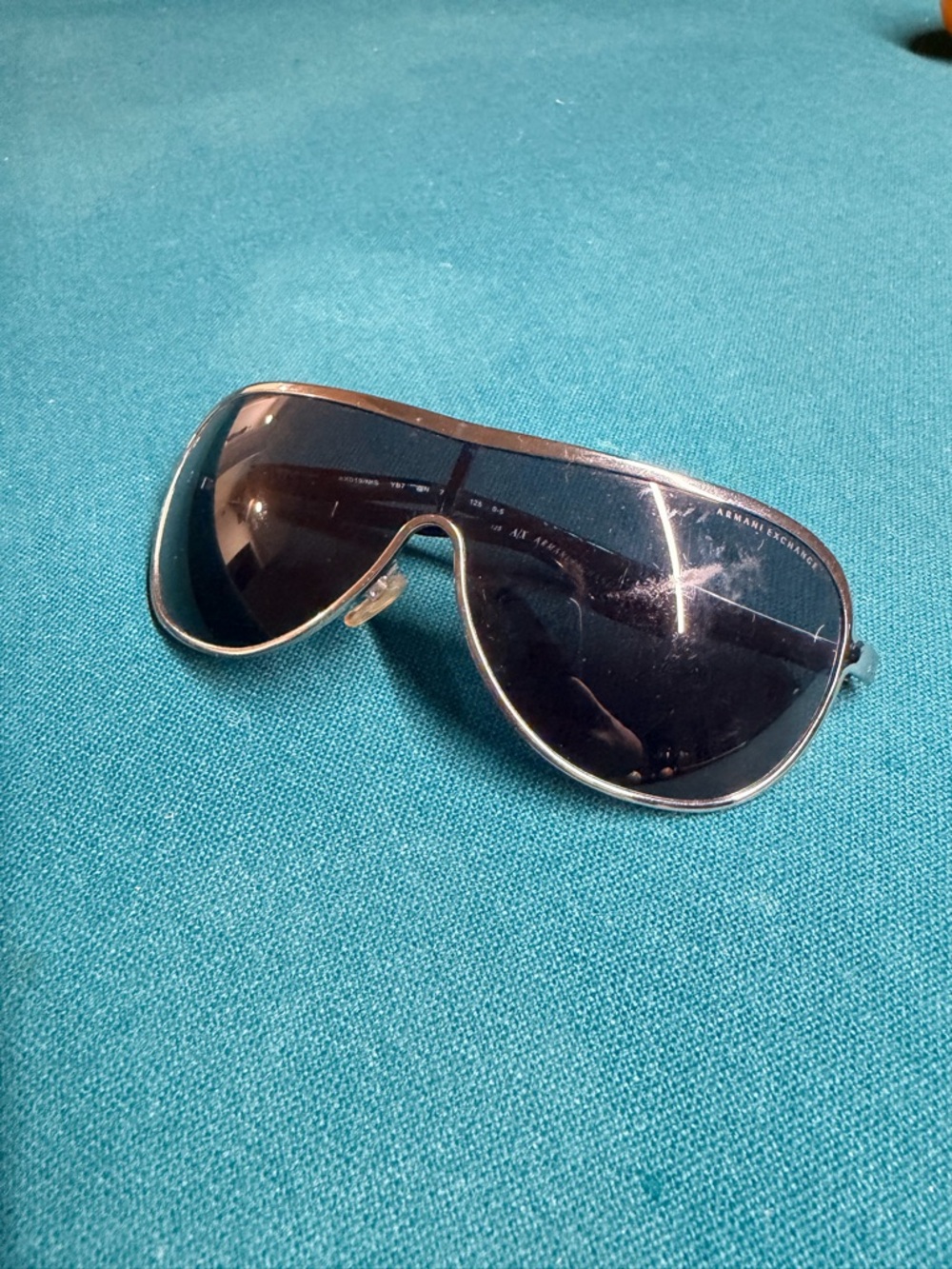 Armani Exchange Silver-Trim Black Lens Shield Sunglasses